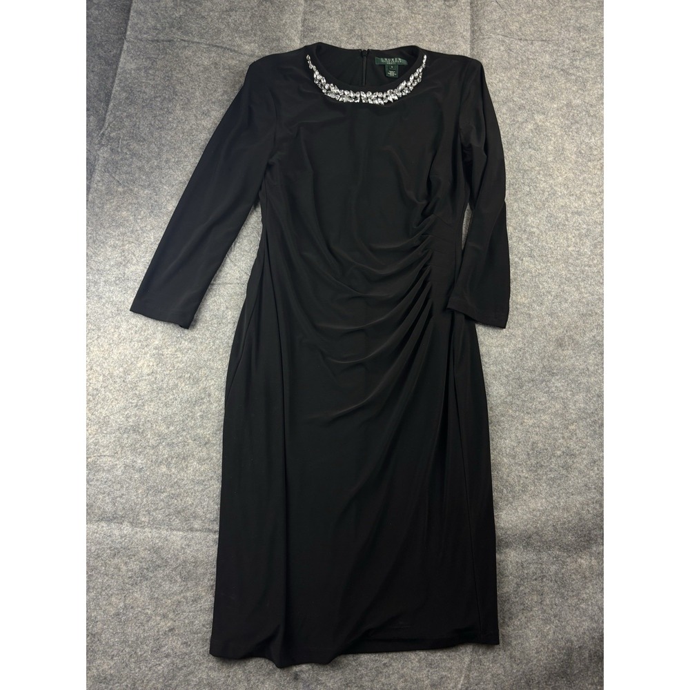 Lauren Ralph Lauren Black Dress Women 6 Beaded Diamond Sheath Formal Old Money
